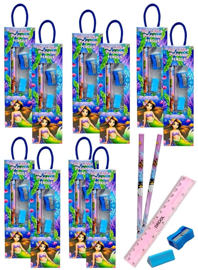 TERA13 Cute Mermaid Stationery Set for Girls | School Supplies Gift Set for Kids | Cartoon Printed Pencils, Eraser, Sharpener, Scale | Birthday Return Gift for Boys & Girls (10 Pcs) - Image 1